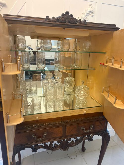 ANTIQUE FIGURED MAHOGANY ILLUMINATED COCKTAIL DRINKS CABINET ON STAND - ADDITIONAL PHOTO 10