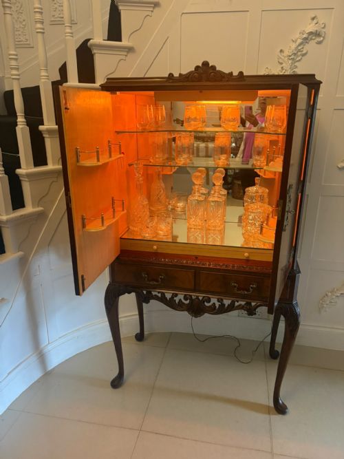 ANTIQUE FIGURED MAHOGANY ILLUMINATED COCKTAIL DRINKS CABINET ON STAND - ADDITIONAL PHOTO 11