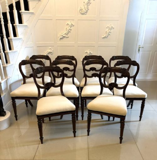 ANTIQUE SET OF 10 ENGLISH REGENCY CARVED MAHOGANY DINING CHAIRS
