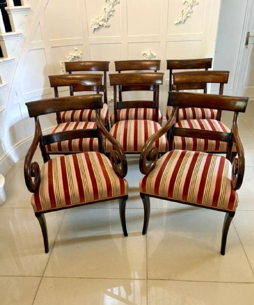 ANTIQUE REGENCY MAHOGANY DINING CHAIRS SET OF EIGHT INCLUDING TWO CARVERS SCROLL ARMS