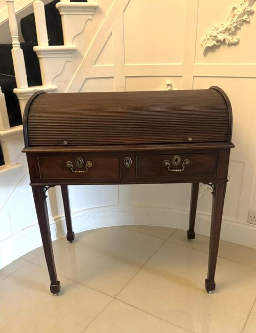 ANTIQUE GEORGIAN MAHOGANY TAMBOUR TOP CYLINDER DESK WITH PULLOUT WRITING SLIDES