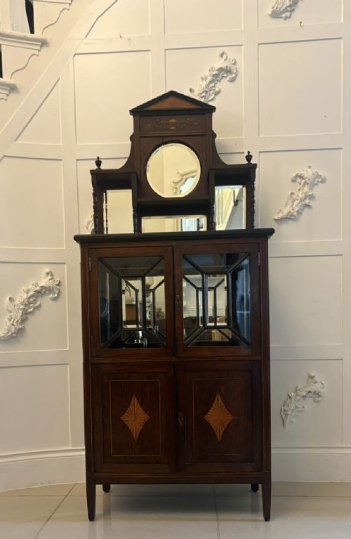 ANTIQUE EDWARDIAN SATINWOOD INLAID MAHOGANY DISPLAY CABINET WITH MIRROR BACK