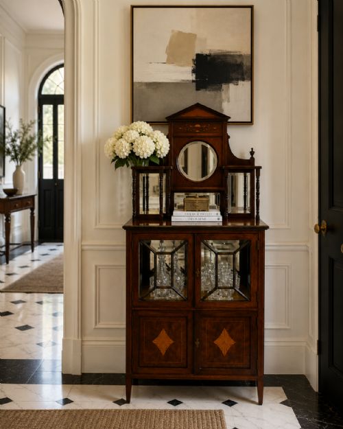 ANTIQUE EDWARDIAN SATINWOOD INLAID MAHOGANY DISPLAY CABINET WITH MIRROR BACK - ADDITIONAL PHOTO 1