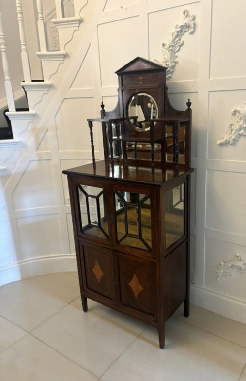 ANTIQUE EDWARDIAN SATINWOOD INLAID MAHOGANY DISPLAY CABINET WITH MIRROR BACK - ADDITIONAL PHOTO 8