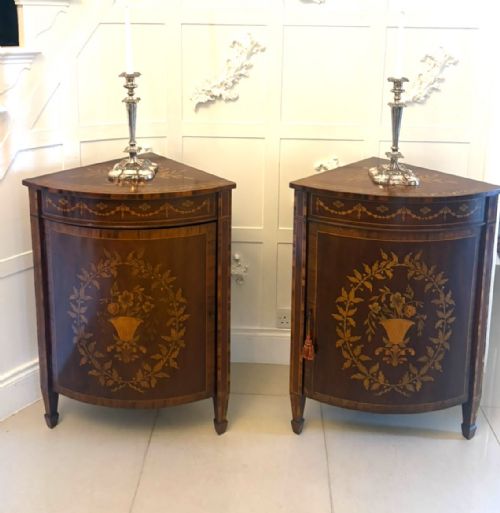 ANTIQUE PAIR OF ENGLISH VICTORIAN MARQUETRY INLAID MAHOGANY CORNER CABINETS - ADDITIONAL PHOTO 4