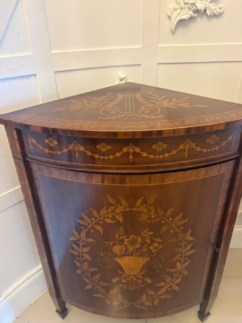 ANTIQUE PAIR OF ENGLISH VICTORIAN MARQUETRY INLAID MAHOGANY CORNER CABINETS - ADDITIONAL PHOTO 9