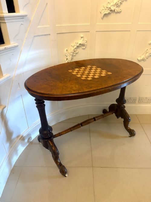 ANTIQUE VICTORIAN BURR WALNUT CARVED CENTRE TABLE WITH CHESS TOP