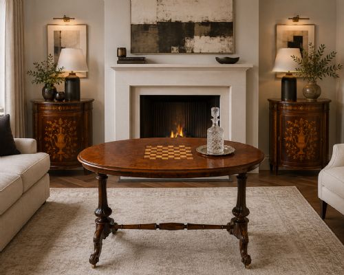 ANTIQUE VICTORIAN BURR WALNUT CARVED CENTRE TABLE WITH CHESS TOP - ADDITIONAL PHOTO 1