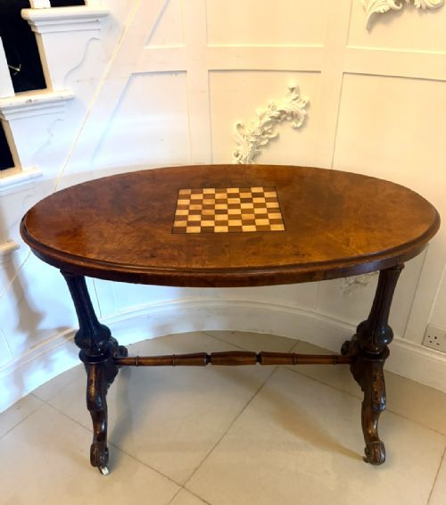 ANTIQUE VICTORIAN BURR WALNUT CARVED CENTRE TABLE WITH CHESS TOP - ADDITIONAL PHOTO 2