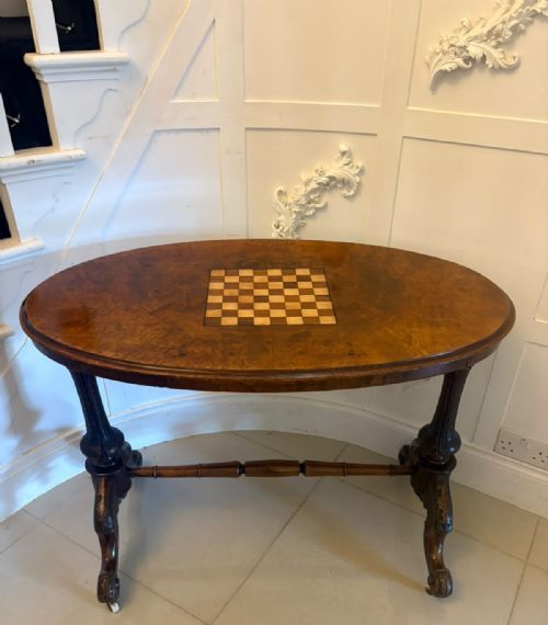ANTIQUE VICTORIAN BURR WALNUT CARVED CENTRE TABLE WITH CHESS TOP - ADDITIONAL PHOTO 4