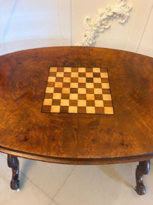 ANTIQUE VICTORIAN BURR WALNUT CARVED CENTRE TABLE WITH CHESS TOP - ADDITIONAL PHOTO 5