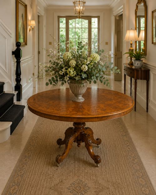 ANTIQUE VICTORIAN BURR WALNUT 6 SEATER OVAL TILTTOP CENTRE DINING TABLE - ADDITIONAL PHOTO 1
