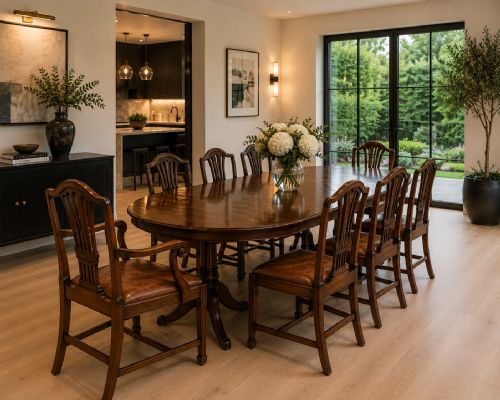 fig 1. A set of Victorian mahogany Hepplewhite style dining chairs featuring shield-shaped backs with carved splats and tan leather upholstered seats.