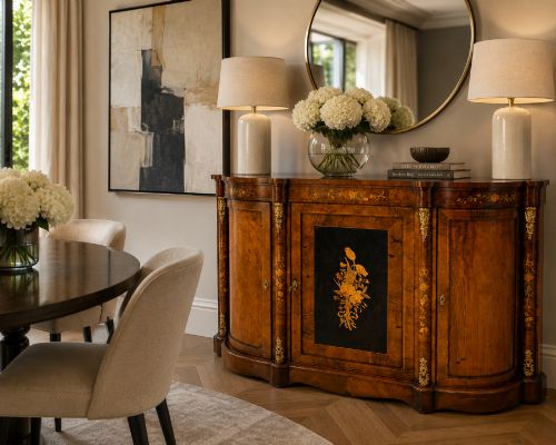 fig 1. A nineteenth-century Victorian burr walnut credenza featuring curved side doors, intricate floral marquetry inlays, and gilt bronze mounts.