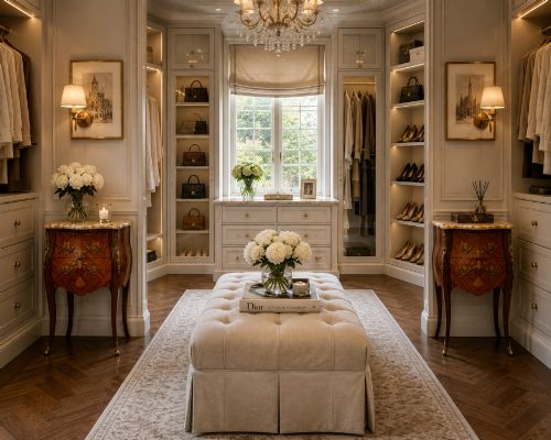 fig 2. A pair of French Louis XV style kingwood bedside cabinets featuring floral marquetry inlays, gilt bronze mounts, serpentine fronts, and shaped marble tops.
