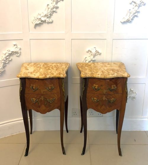 Antique Pair French Kingwood Marquetry Inlaid Marble Top Bedside Cabinets Nightstands