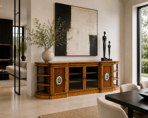 fig 1. A large Victorian satinwood credenza featuring central glazed doors, oval porcelain plaques, and open curved side shelves.