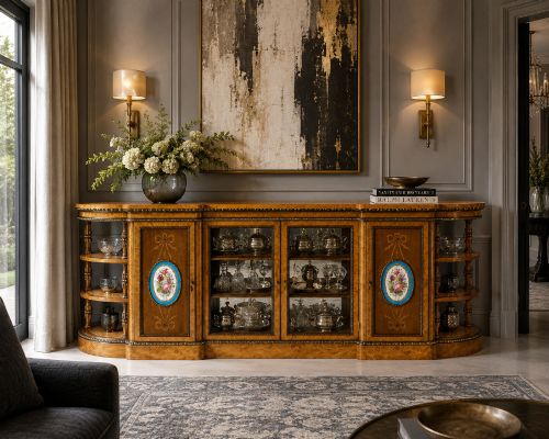 fig 3. A large Victorian satinwood credenza featuring central glazed doors, oval porcelain plaques, and open curved side shelves.