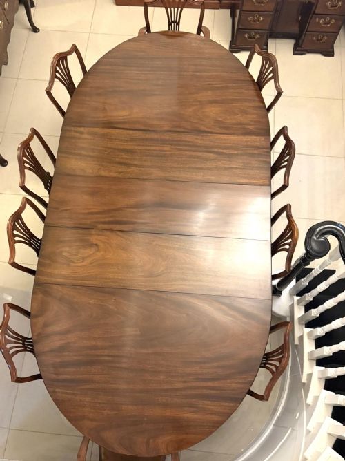 fig 3. An antique oval extending mahogany dining table on splayed pedestal legs with brass castors.