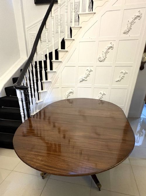 An antique oval extending mahogany dining table on splayed pedestal legs with brass castors. View VIII