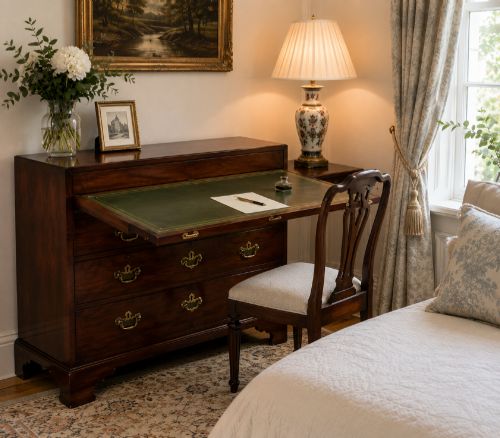 fig 1. A George II mahogany chest of drawers featuring an open top writing drawer with an adjustable gilt-tooled green leather surface and brass handles.