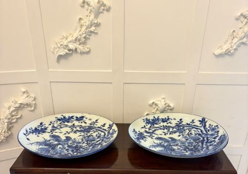 Antique Pair of Large Chinese Blue and White Porcelain Chargers with Qianlong Marks