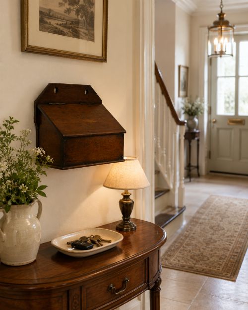 fig 1. A dark oak Georgian wall-hanging candle box featuring a sloped hinged lid and a shaped backboard with two mounting holes.