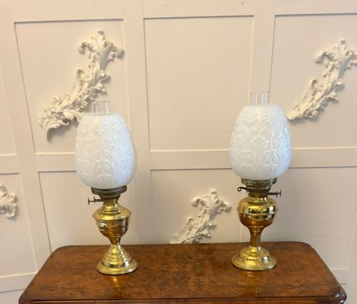 Antique Edwardian Near Pair of Brass Oil Lamps with Opaline Glass Shades