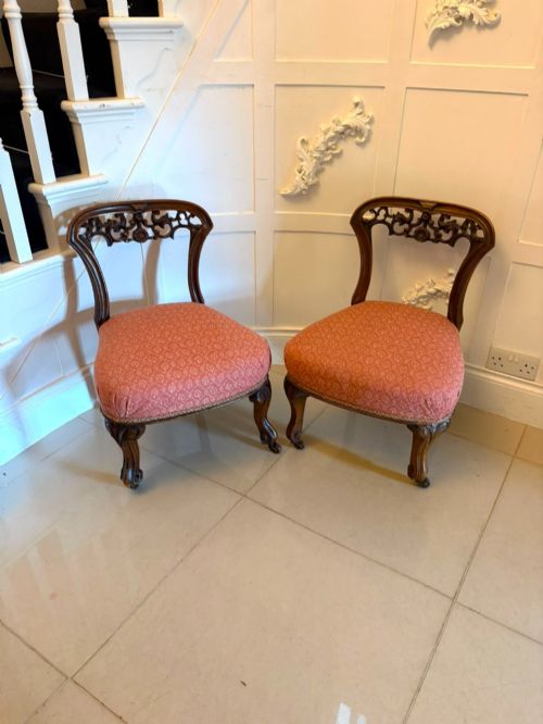 Antique Pair Victorian Carved Walnut Side Chairs