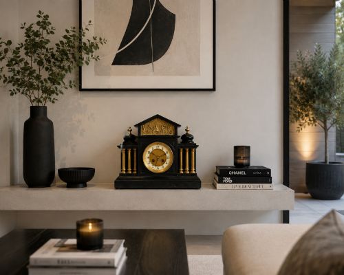 fig 1. An architectural black marble mantel clock featuring gilt brass columns, a relief frieze panel depicting classical figures, and a round dial with Arabic numerals.