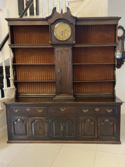 Rare 18th Century Large Antique George III Quality Oak Dresser with Rack and Longcase Clock