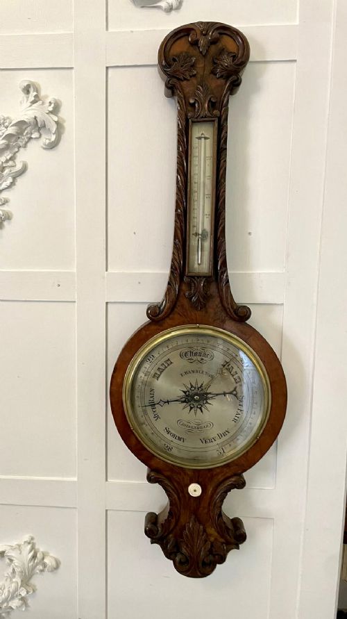Quality antique Victorian Burr Walnut Carved Banjo Barometer
