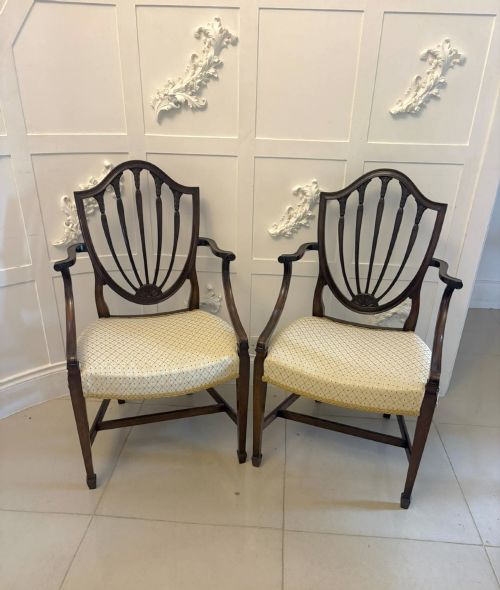 fig 2. A set of ten antique Edwardian mahogany dining chairs featuring carved shield-shaped backrests and light cream upholstered seats.
