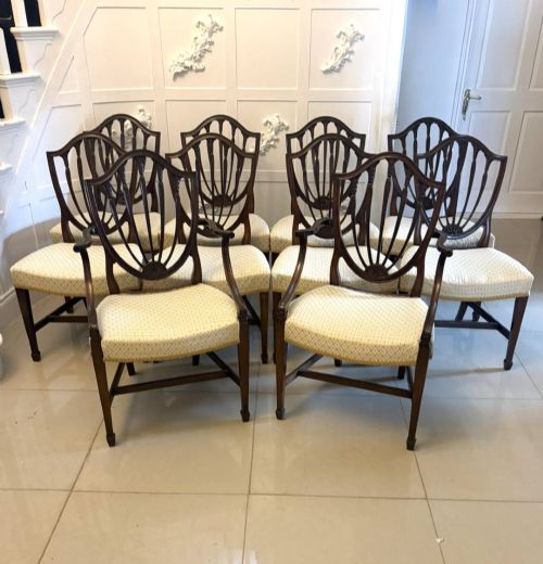 Antique English Edwardian Maple & Co Mahogany Shield Back Dining Chairs Set of 10