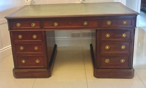 Antique Victorian Mahogany Freestanding Pedestal Kneehole Desk with Fitted Stationery Drawers & Writing Slides