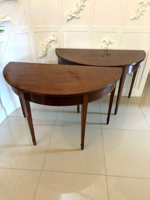 Large Pair of Antique George III Quality Figured Mahogany Demi Lune Shaped Console Tables