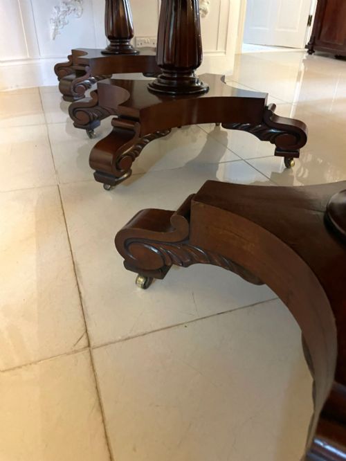 fig 1. A large polished Regency style mahogany extendable dining table featuring a rounded rectangular top supported by carved pedestal bases on splayed legs.