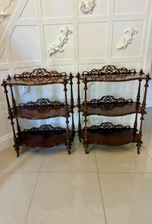 Unusual Pair of Antique Victorian Quality Burr Walnut Whatnots