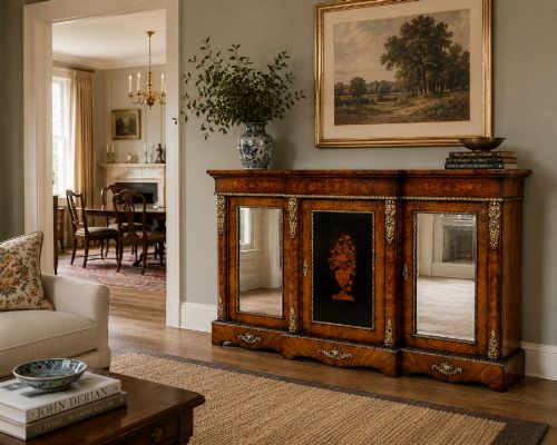 fig 2. A Victorian burr walnut breakfront credenza featuring brass mounts, a central floral marquetry panel, and mirrored side doors.