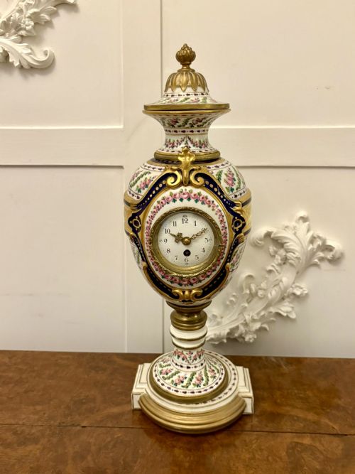 Outstanding Quality Large French Antique Victorian Hand Painted Porcelain Urn Shaped Mantle Clock