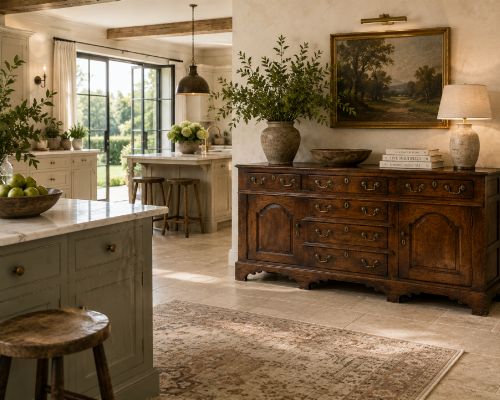 fig 1. A George III dark oak dresser base featuring multiple drawers, arched cupboard doors, and brass swan-neck handles.