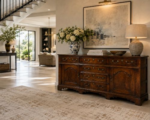 fig 2. A George III dark oak dresser base featuring multiple drawers, arched cupboard doors, and brass swan-neck handles.