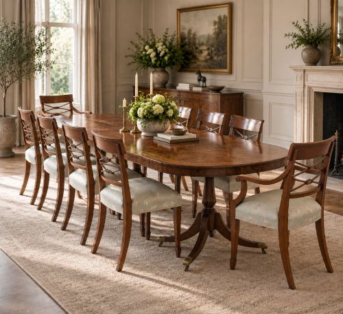 fig 1. A set of ten Edwardian mahogany dining chairs, including two carver armchairs, featuring lattice backrests and pale blue patterned fabric upholstery.