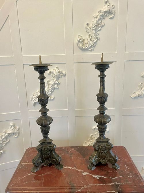 Unusual Pair of Large Antique Victorian Ornate Brass Pricket Candlesticks