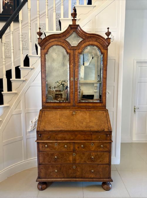 Antique Queen Anne Fantastic Quality Burr Walnut and Featherbanded Bureau Bookcase