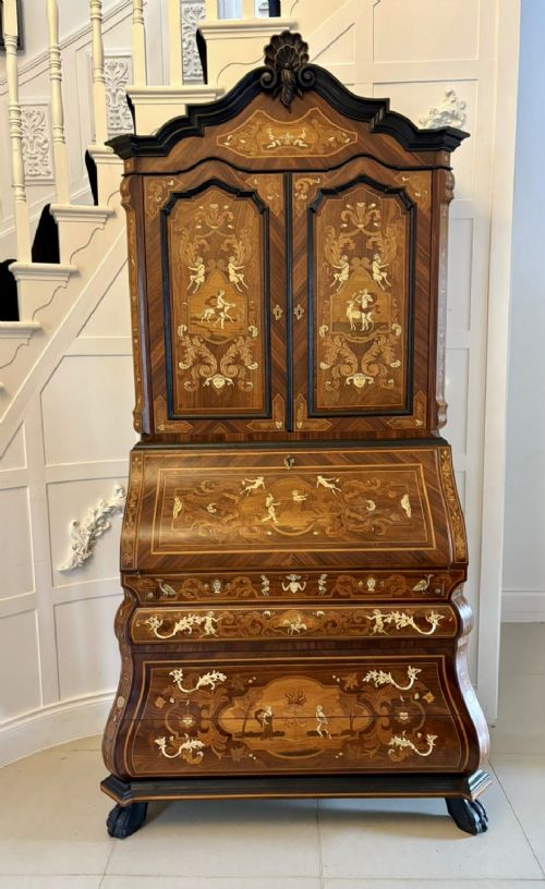 Outstanding Quality Antique Italian Marquetry Inlaid Burr Walnut Bureau Bookcase