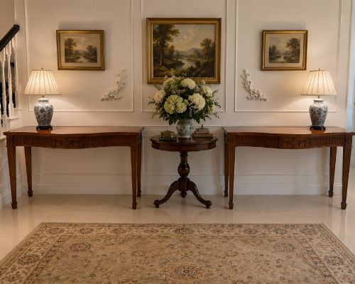 fig 1. A pair of polished mahogany serpentine-front console tables featuring fluted aprons, carved central urn motifs, and tapered fluted legs.