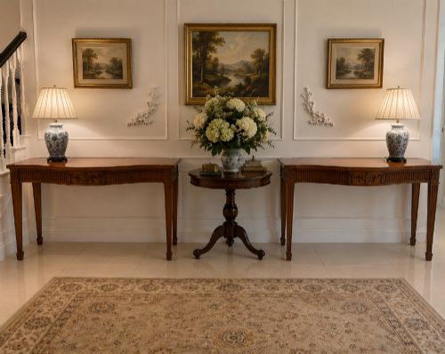 fig 2. A pair of polished mahogany serpentine-front console tables featuring fluted aprons, carved central urn motifs, and tapered fluted legs.