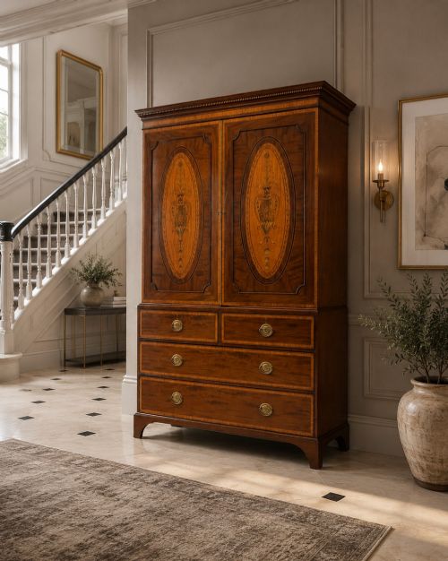 fig 1. An antique Georgian mahogany linen press featuring two doors decorated with oval satinwood urn marquetry inlays situated above four drawers with brass handles.