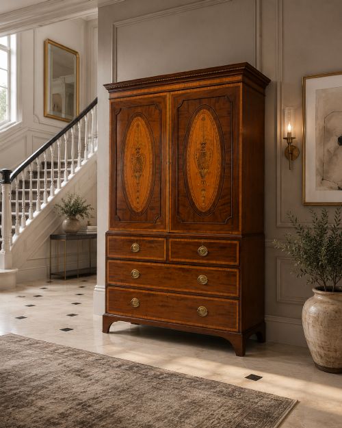 fig 2. An antique Georgian mahogany linen press featuring two doors decorated with oval satinwood urn marquetry inlays situated above four drawers with brass handles.